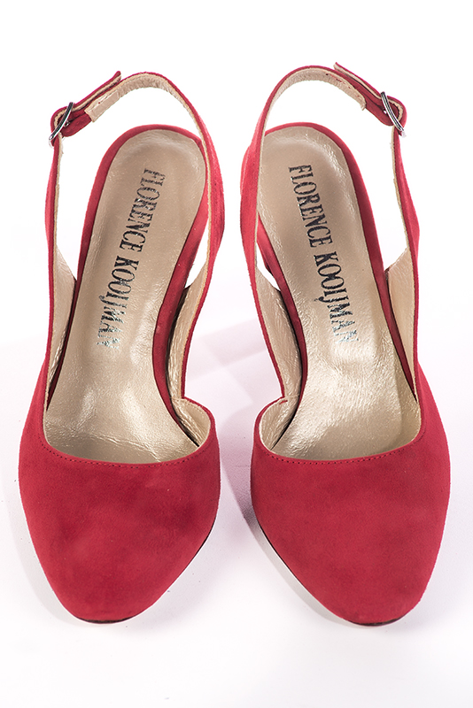 Cardinal red women's slingback shoes. Round toe. High kitten heels. Top view - Florence KOOIJMAN